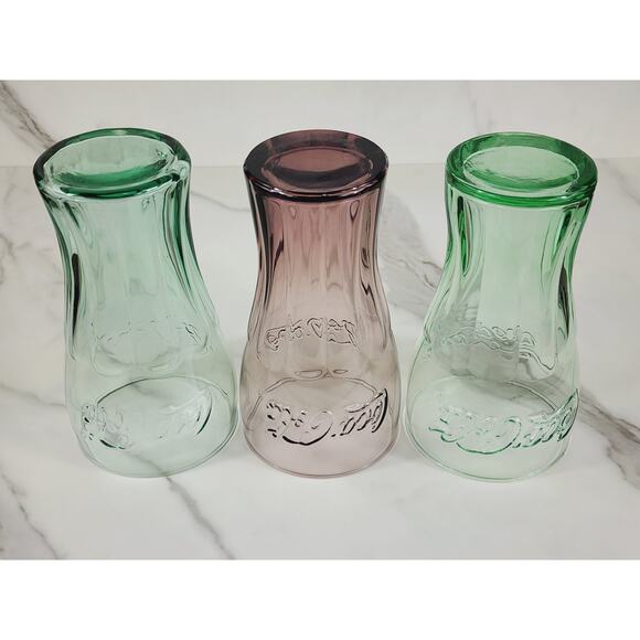 Coca Cola Libbey Drinking Glasses 16oz Embossed 6" Retro Glass Green Brown x3 - Picture 10 of 12